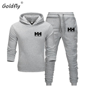 Goldfly print Tracksuit Fashion Men Brand HH Sportswear 2 Piece Sets All Cotton Fleece Thick hoodie+Pants Sporting Suit