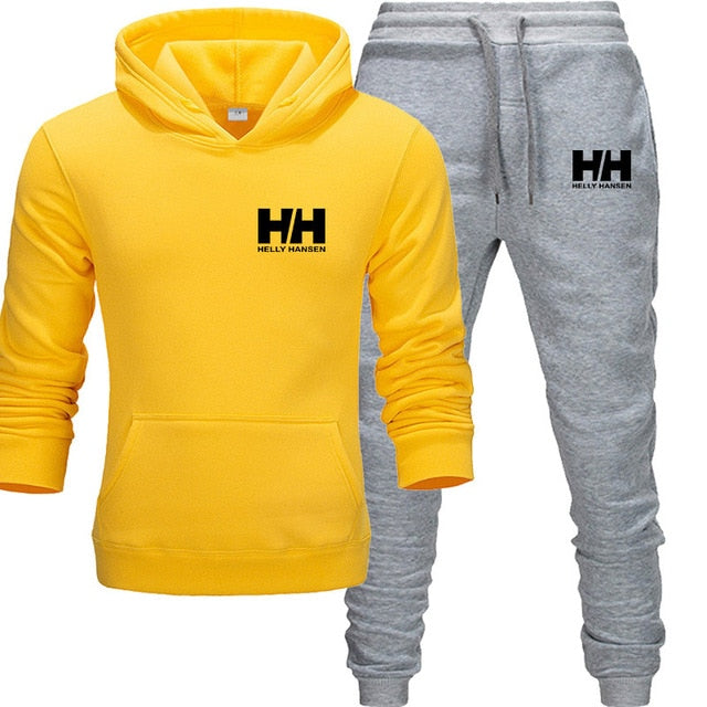 Goldfly print Tracksuit Fashion Men Brand HH Sportswear 2 Piece Sets All Cotton Fleece Thick hoodie+Pants Sporting Suit